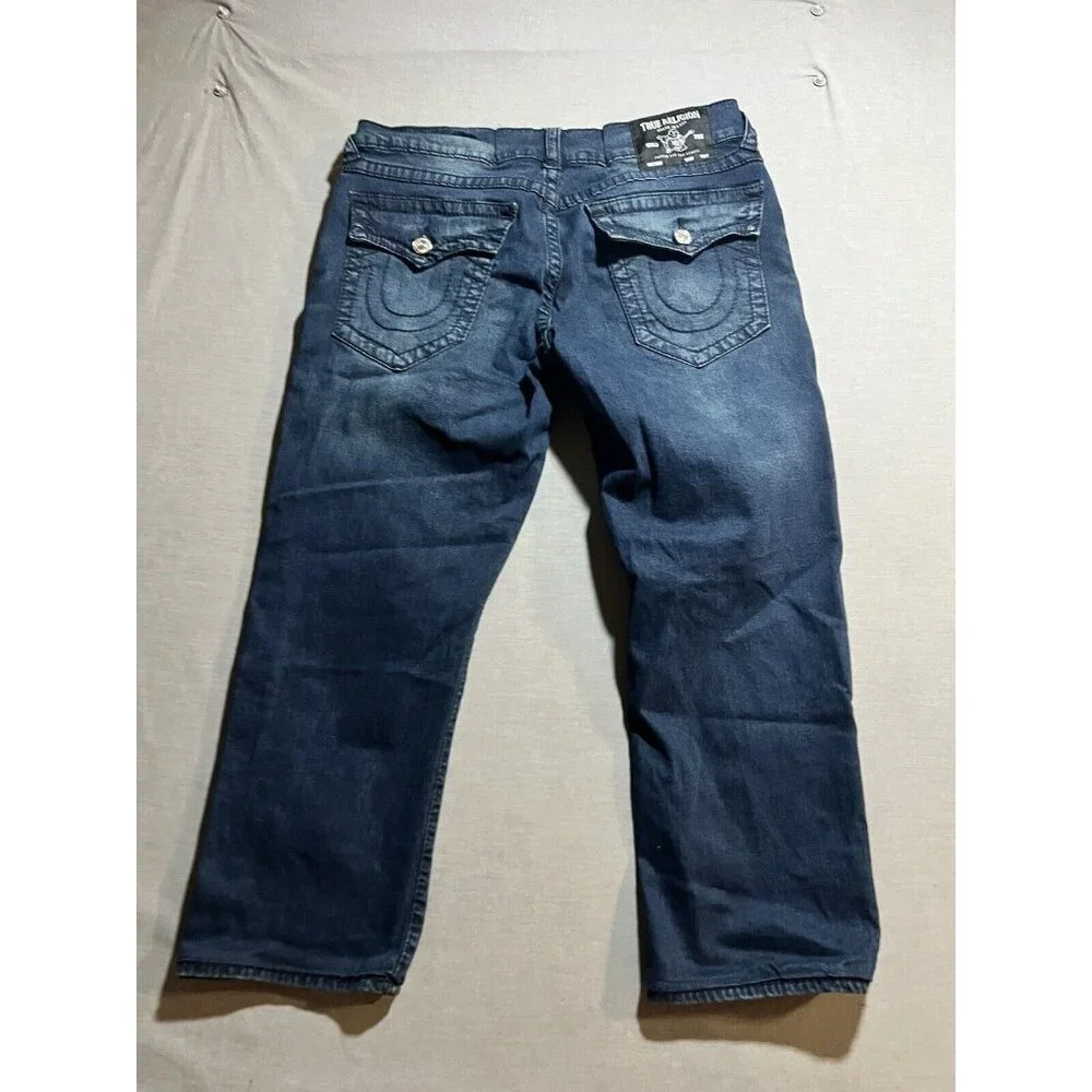 True Religion‎ Geno Relaxed Slim Jeans Mens 34x25 Blue Dark Wash Flap Pockets.